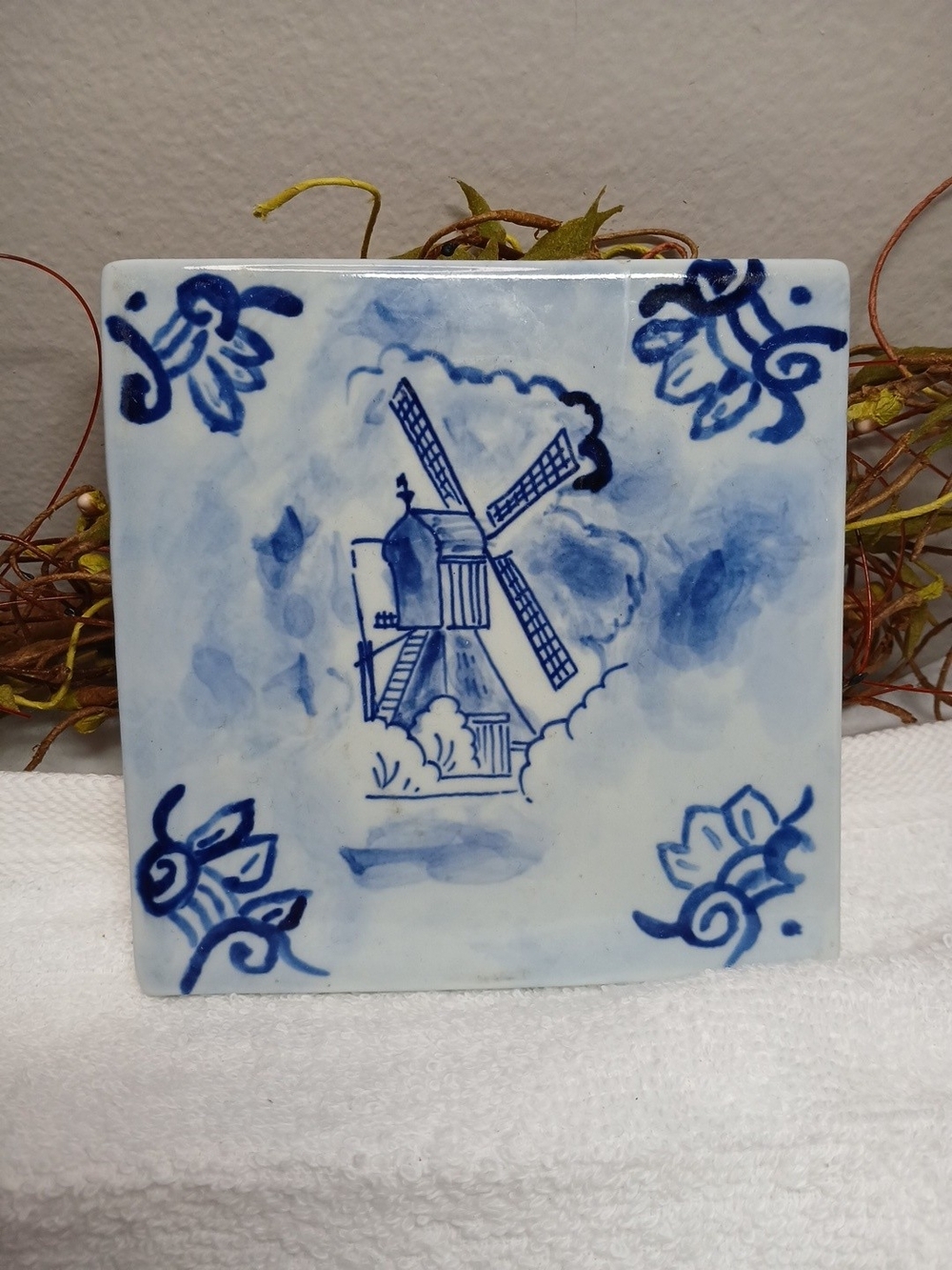 Hand-Painted Blue Delft-Style Windmill Ceramic Tile